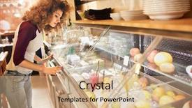  Presentation with fresh fruit retailer - Colorful slides enhanced with adolescent differences - curly salesgirl looking at showcase backdrop and a coral colored foreground