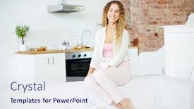  Presentation with adolescent - Theme featuring adolescent girl in casualwear enjoying being at home background and a sky blue colored foreground