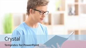  Presentation with hearing aid - PPT theme enhanced with adolescent health - teenage boy with hearing aid background and a light blue colored foreground