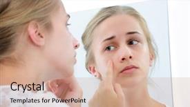  Presentation with teenage girl - Amazing PPT theme having adolescent health - teenage girl checking her face backdrop and a coral colored foreground