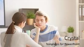  Presentation with worried young female college student - Audience pleasing PPT theme consisting of adolescent health - young female psychologist working backdrop and a soft green colored foreground