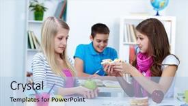  Presentation with cute sandwich - Audience pleasing slide deck consisting of adolescence nutrition - cute girl offering her friend backdrop and a light blue colored foreground
