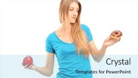  Presentation with apple - Theme having adolescence nutrition - doubtful woman holding an apple background and a light blue colored foreground