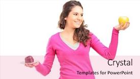  Presentation with green apple - Beautiful presentation featuring adolescence nutrition - doubtful woman holding green apple backdrop and a  colored foreground