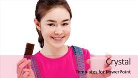  Presentation with chocolate milk - Cool new PPT theme with adolescence nutrition - girl eating bar of chocolate backdrop and a  colored foreground