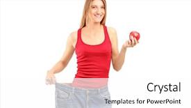  Presentation with weight loss lose text - Cool new PPT theme with adolescence nutrition - happy weight loss female holding backdrop and a  colored foreground