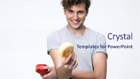  Presentation with adolescence - Slide set with adolescence nutrition - happyman holding apple and donut background and a  colored foreground