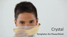  Presentation with banana - Beautiful PPT layouts featuring adolescence nutrition - portrait of schoolboy holding banana backdrop and a  colored foreground