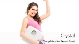  Presentation with adolescence - Colorful slides enhanced with adolescence nutrition - young happy female holding backdrop and a white colored foreground