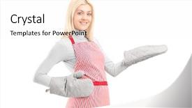  Presentation with cooking - Colorful presentation design enhanced with adolescence nutrition - young houswife wearing cooking mittens backdrop and a  colored foreground