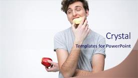  Presentation with special education young adult man - Slide deck with adolescence nutrition - young man holding apple background and a sky blue colored foreground