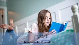  Presentation with girl reading - PPT theme enhanced with adolescent teen girl reading a book while lying in bed at home in her bedroom lifestyle and learning photo background and a teal colored foreground