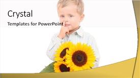  Presentation with old - Theme featuring adorable 3-4 years old boy with sunflowers isolated on white background and a sky blue colored foreground