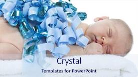  Presentation with infant - PPT theme with adorable 6-day old infant sleeping peacefully on a stack of fluffy white towels topped with a large curly blue bow on a white background background and a sky blue colored foreground