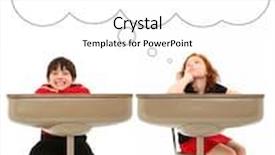  Presentation with thought - Slides having adorable 7 year old boy and girl in old school desk over white background thought bubble background and a white colored foreground