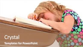  Presentation with school desk - Presentation having adorable 7 year old girl asleep on school desk over white background background and a coral colored foreground