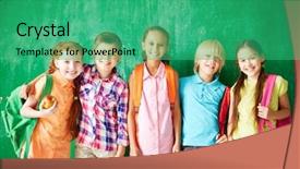  Presentation with classmates - Audience pleasing slide set consisting of adorable adoloscence - several classmates with backpacks looking backdrop and a ocean colored foreground