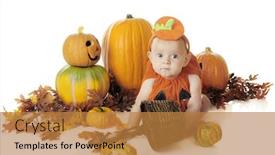  Presentation with fall leaves - Colorful PPT layouts enhanced with adorable baby boy sitting among fall leaves and pumpkins dressed in his own pumpkin costume on a white background backdrop and a gold colored foreground