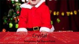  Presentation with baby christmas - PPT theme featuring adorable baby boy standing in large christmas present box background and a crimson colored foreground