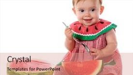  Presentation with baby girl welcome - Colorful presentation design enhanced with adorable baby girl happily eating a watermelon in a watermelon sundress on a white background backdrop and a coral colored foreground