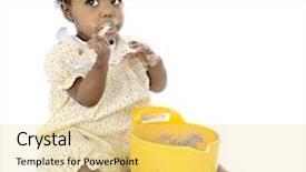  Presentation with baby girl welcome - Cool new PPT theme with adorable baby girl looking up questioningly while eating pudding from a mixing bowl before her on a white background backdrop and a blonde colored foreground