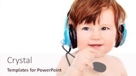  Presentation with microphone - Cool new slides with adorable baby girl with headset microphone isolated over white backdrop and a sky blue colored foreground