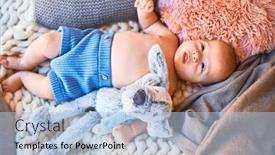  Presentation with doll - PPT theme with adorable baby lying down on the sofa over blanket at home newborn relaxing and resting comfortable with doll background and a light blue colored foreground