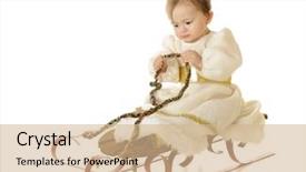  Presentation with princess - Slides enhanced with adorable baby snow princess worriedly riding on an old wooden sled on a white background background and a coral colored foreground