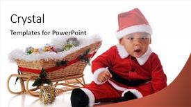  Presentation with santa sleigh - Colorful slide deck enhanced with adorable biracial baby in a santa suit by a wicker sleigh full of decorations isolated on white backdrop and a white colored foreground