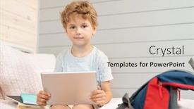  Presentation with digital books - Slide deck consisting of adorable-blond-schoolboy-with-digital background and a lemonade colored foreground