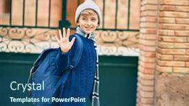  Presentation with saying goodbye - Amazing PPT theme having adorable-blond-student-kid-saying backdrop and a ocean colored foreground