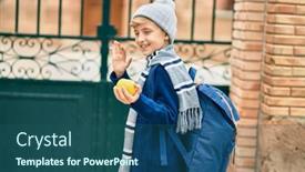  Presentation with saying goodbye - PPT theme having adorable-blond-student-kid-saying background and a ocean colored foreground