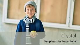  Presentation with school apple - Slide deck enhanced with adorable-blond-student-kid-smiling background and a light gray colored foreground