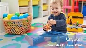  Presentation with kindergarten - PPT theme featuring adorable-blond-toddler-playing background and a teal colored foreground