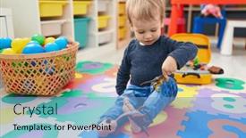  Presentation with kindergarten - Slide set with adorable-blond-toddler-playing background and a teal colored foreground