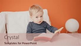  Presentation with story book - Presentation design consisting of adorable-blond-toddler-reading-story background and a coral colored foreground