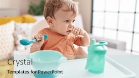  Presentation with toddler eating - PPT theme featuring adorable-blond-toddler-sitting background and a light blue colored foreground