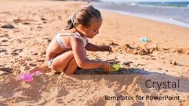  Presentation with sand - Audience pleasing PPT theme consisting of adorable-blonde-child-wearing-bikini backdrop and a coral colored foreground