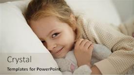  Presentation with doll - Presentation theme featuring adorable-blonde-girl-hugging-rabbit background and a coral colored foreground