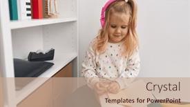  Presentation with music school - Presentation design enhanced with adorable-blonde-girl-student-listening background and a coral colored foreground