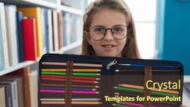  Presentation with color pencils - Slide deck enhanced with adorable-blonde-girl-student-smiling and a tawny brown colored foreground