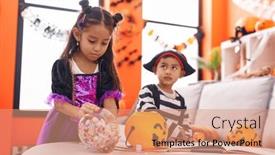  Presentation with halloween - PPT theme consisting of adorable-boy-and-girl-having and a coral colored foreground