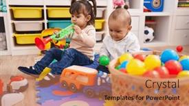 Presentation with trumpet - Presentation design featuring adorable-boy-and-girl-playing background and a coral colored foreground