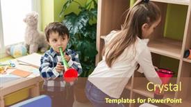  Presentation with trumpet - Presentation design consisting of adorable-boy-and-girl-playing background and a coral colored foreground