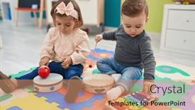  Presentation with tambourine - Presentation theme consisting of adorable-boy-and-girl-playing background and a coral colored foreground