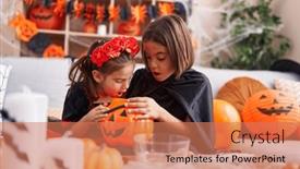  Presentation with halloween - PPT layouts enhanced with adorable-boy-and-girl-wearing background and a coral colored foreground