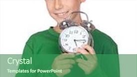  Presentation with alarm - PPT layouts consisting of adorable boy with a alarm-clock isolated on white background background and a ocean colored foreground