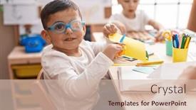  Presentation with paper cutting - Presentation theme having adorable-boys-playing-with-maths background and a soft green colored foreground