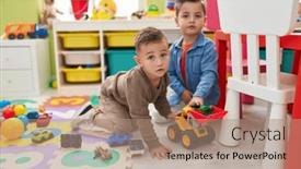  Presentation with dinosaur - PPT theme consisting of adorable-boys-playing-with-tractor background and a coral colored foreground