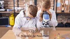  Presentation with writing-notes - PPT theme featuring adorable-boys-students-using-microscope and a coral colored foreground
